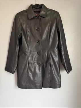 Vintage Black Genuine Leather Mid Length Car Coat Jacket Button Front Matrix 90s